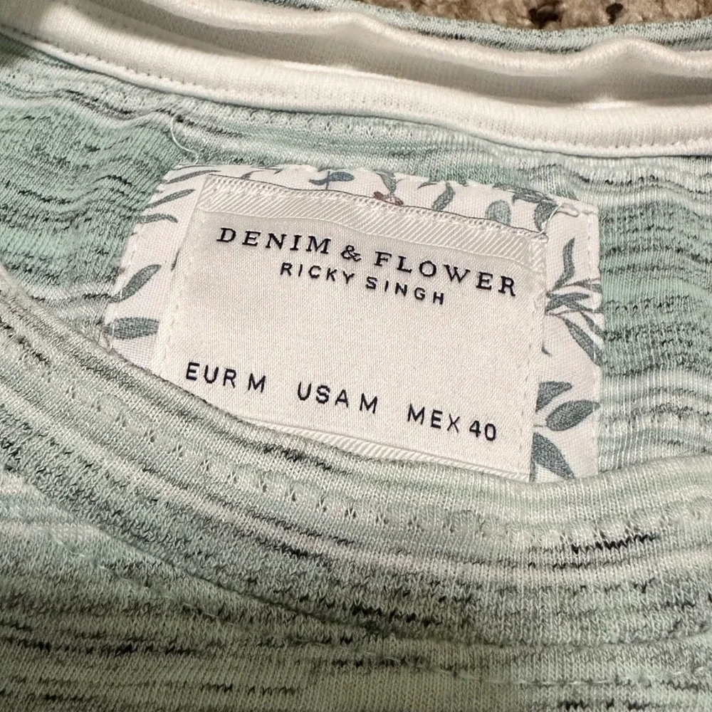 Denim & Flower Ricky Singh T-Shirt Women M Mint Green Excellent Striped Tee